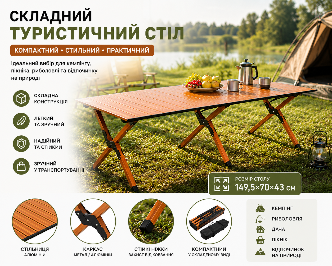 Складний туристичний стіл 149,5×70×43 см купити Україна